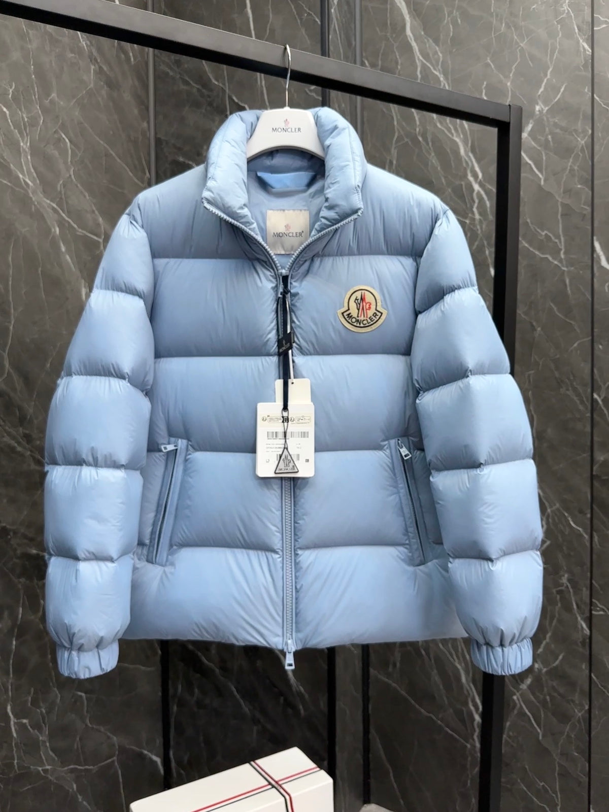 Moncler Light Blue Stand-Collar Puffer Jacket with Large Logo