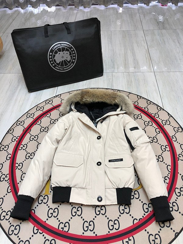 Canada Goose Women's Ivory Hooded Bomber Jacket with Fur-Style Trim