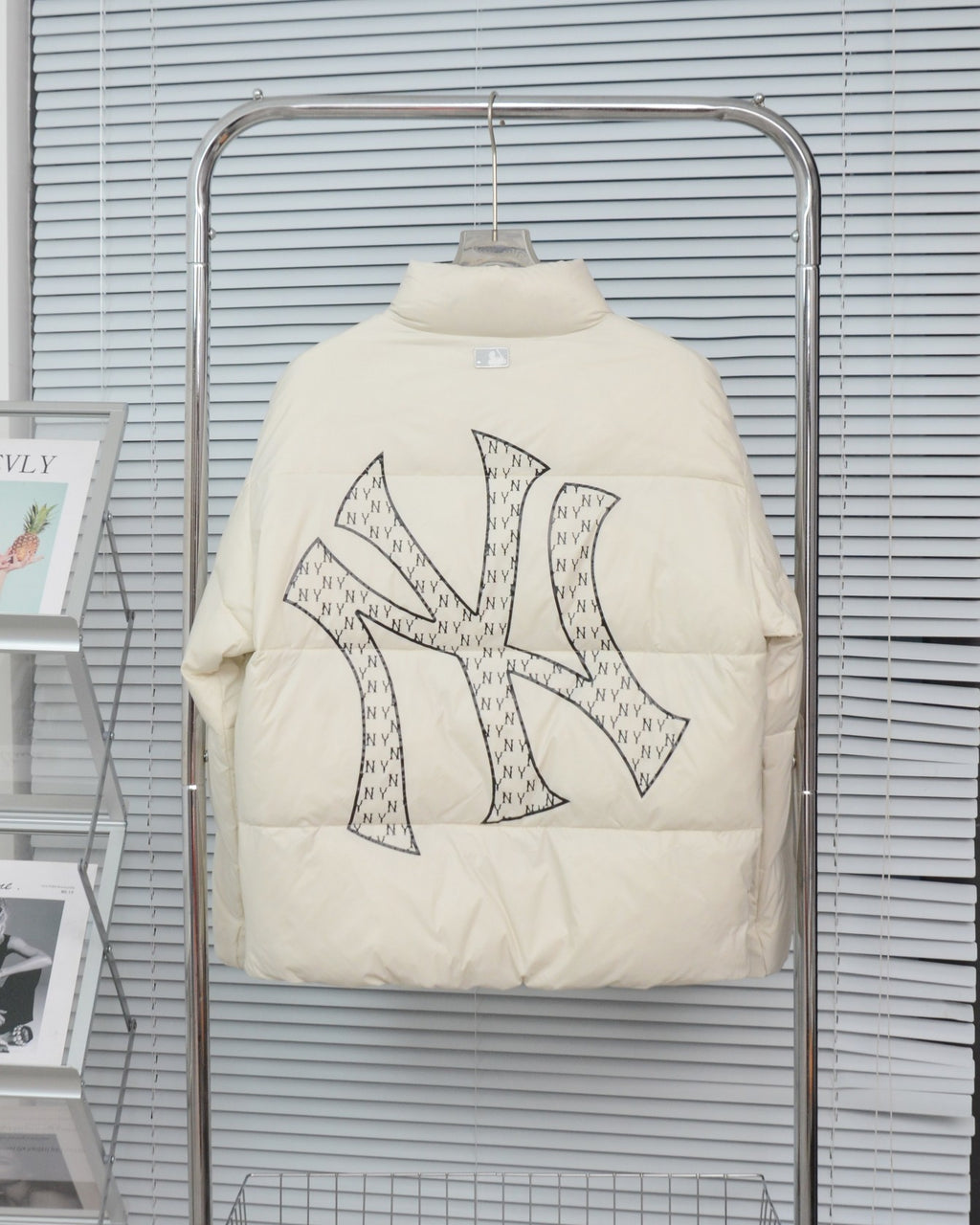 MLB NY Logo Ivory Stand-Collar Puffer Jacket with Oversized Back Graphic
