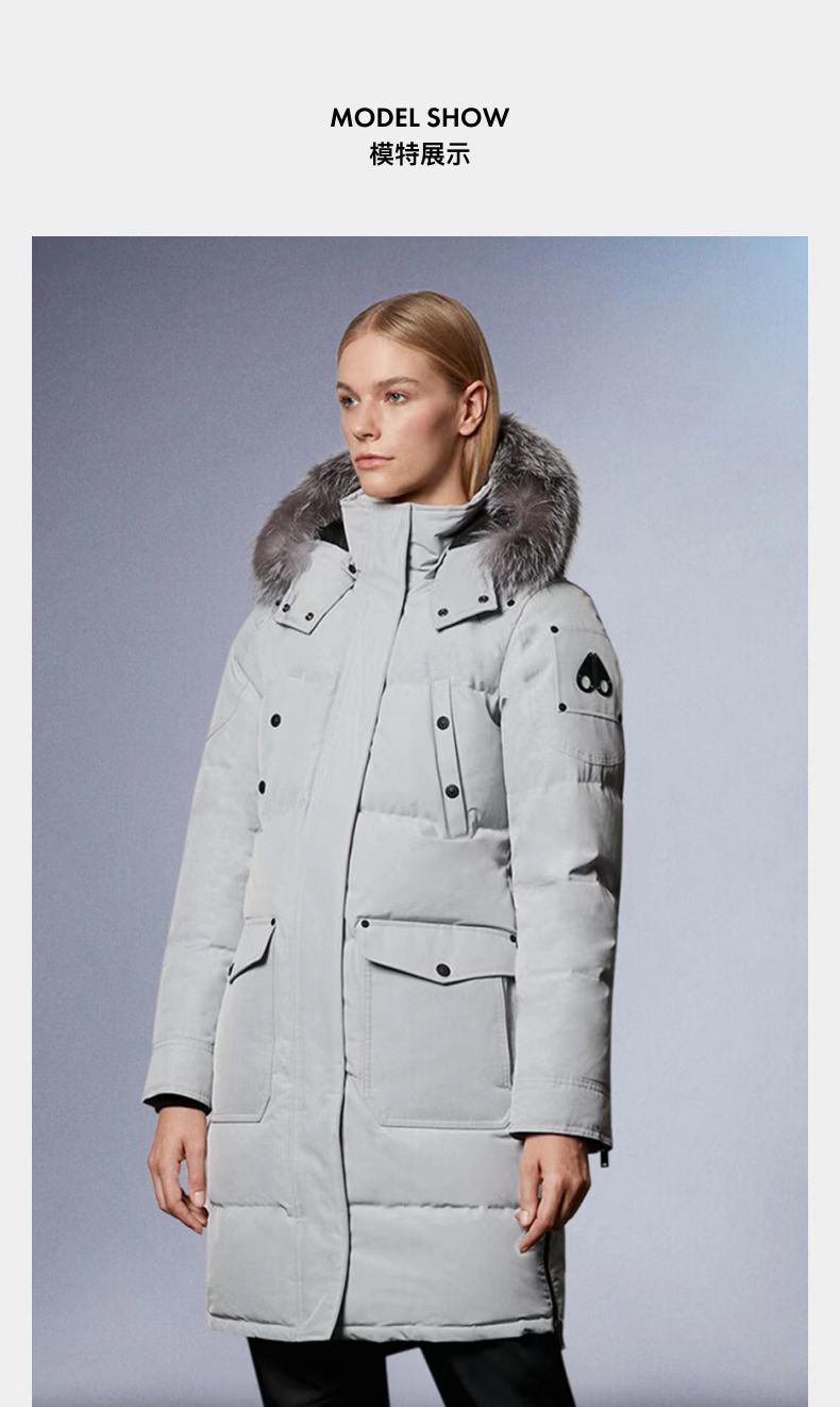 Moose Knuckles Light Gray Long Quilted Parka with Fur-Style Hood Trim