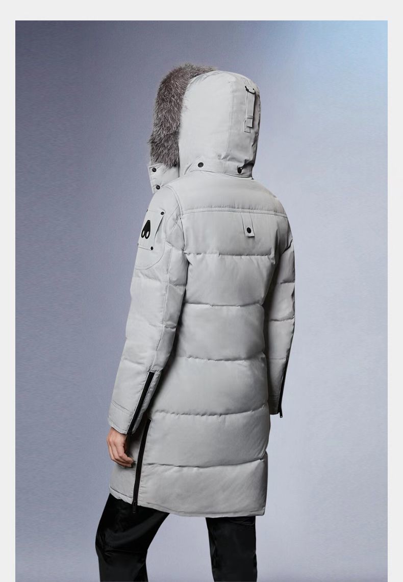 Moose Knuckles Light Gray Long Quilted Parka with Fur-Style Hood Trim