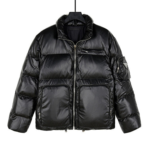 Prada Glossy Black Stand-Collar Puffer Jacket with Large Pockets