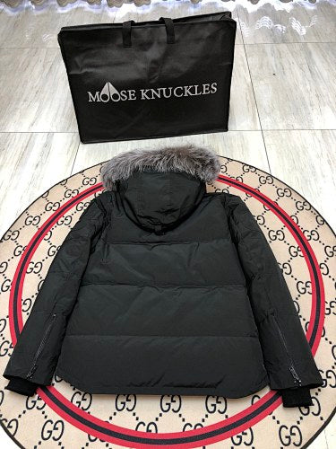 Moose Knuckles Men's Black Quilted Parka with Gray Fur-Style Hood Trim
