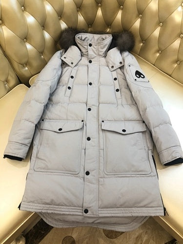 Moose Knuckles Light Gray Long Quilted Parka with Fur-Style Hood Trim