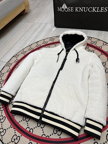 Moose Knuckles White Sherpa Hooded Jacket with Striped Trim