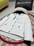 Moose Knuckles Women's White Quilted Hooded Jacket with Fur-Style Trim