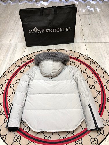 Moose Knuckles Women's Light Gray Hooded Parka with Fur-Style Trim