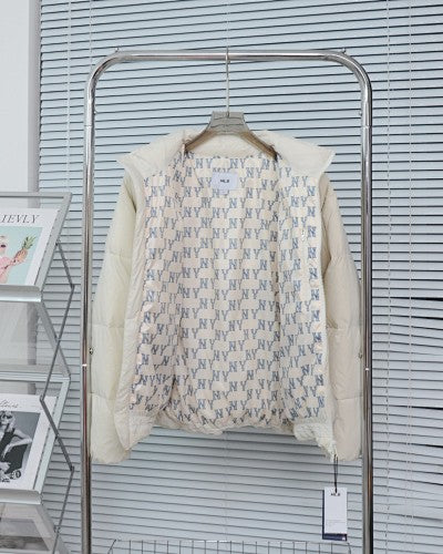 MLB NY Logo Ivory Stand-Collar Puffer Jacket with Oversized Back Graphic