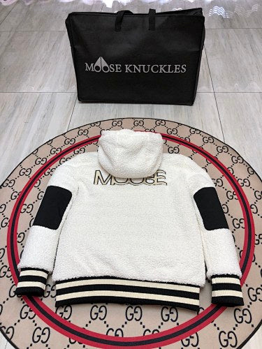 Moose Knuckles White Sherpa Hooded Jacket with Striped Trim