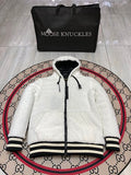 Moose Knuckles White Sherpa Hooded Jacket with Striped Trim