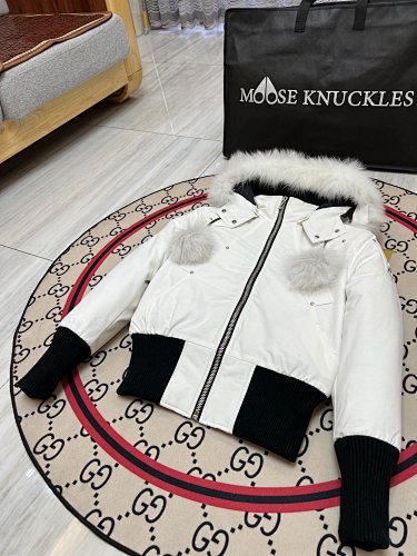 Moose Knuckles Women's White Hooded Bomber Jacket with Pom-Pom Details