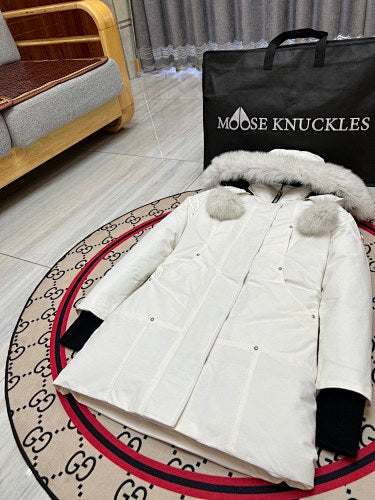 Moose Knuckles Women's White Long Parka with Fur-Style Hood Trim