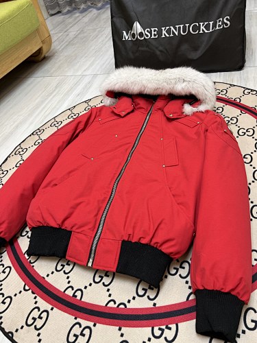 Moose Knuckles Men's Red Hooded Bomber Jacket with Fur-Style Trim