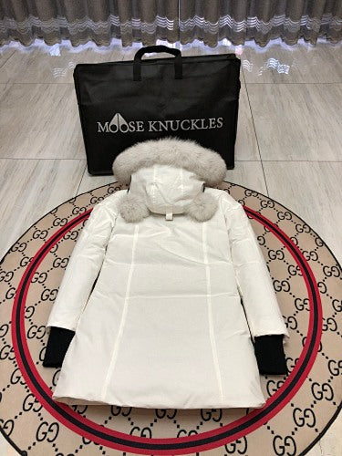 Moose Knuckles Women's White Long Parka with Fur-Style Hood Trim