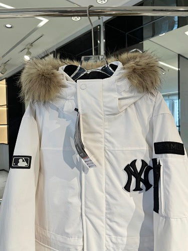 MLB NY Logo Unisex White Hooded Puffer Jacket with Fur-Style Trim