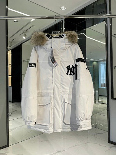MLB NY Logo Unisex White Hooded Puffer Jacket with Fur-Style Trim