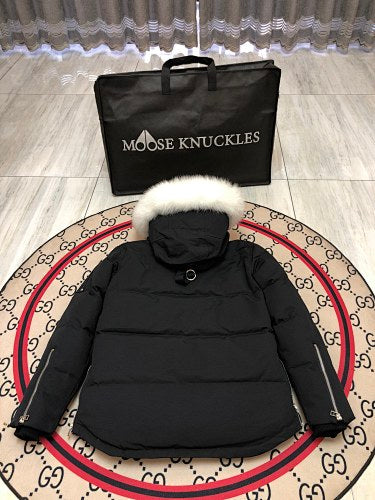 Moose Knuckles Men's Black Hooded Parka with White Fur-Style Trim
