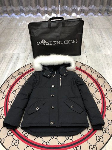 Moose Knuckles Men's Black Hooded Parka with White Fur-Style Trim