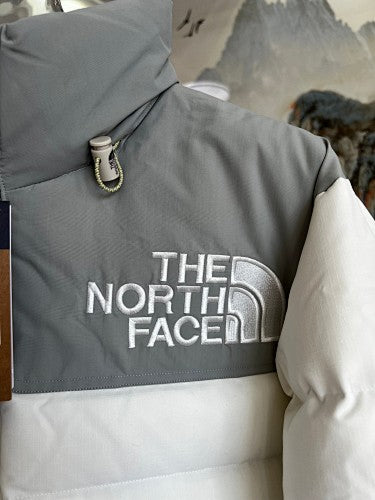 The North Face White and Gray Puffer Jacket with Large Chest Logo