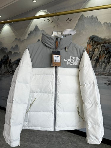 The North Face White and Gray Puffer Jacket with Large Chest Logo