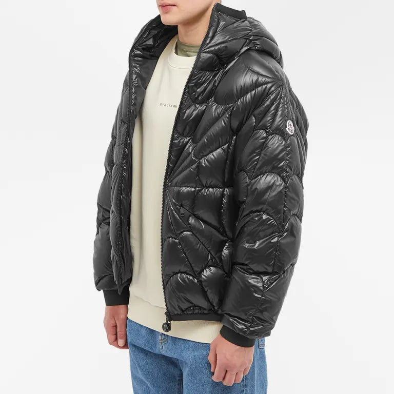 Moncler Violier Black Hooded Puffer Jacket with Spiderweb Quilting