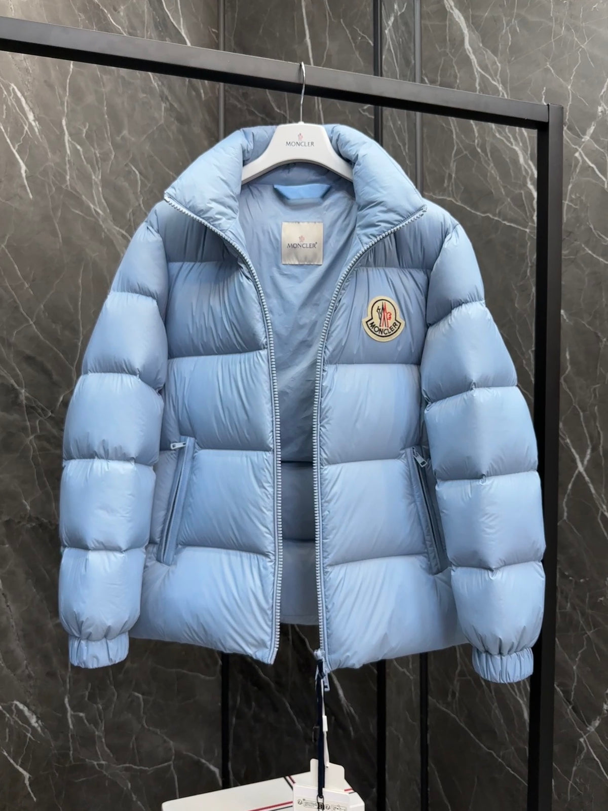 Moncler Light Blue Stand-Collar Puffer Jacket with Large Logo