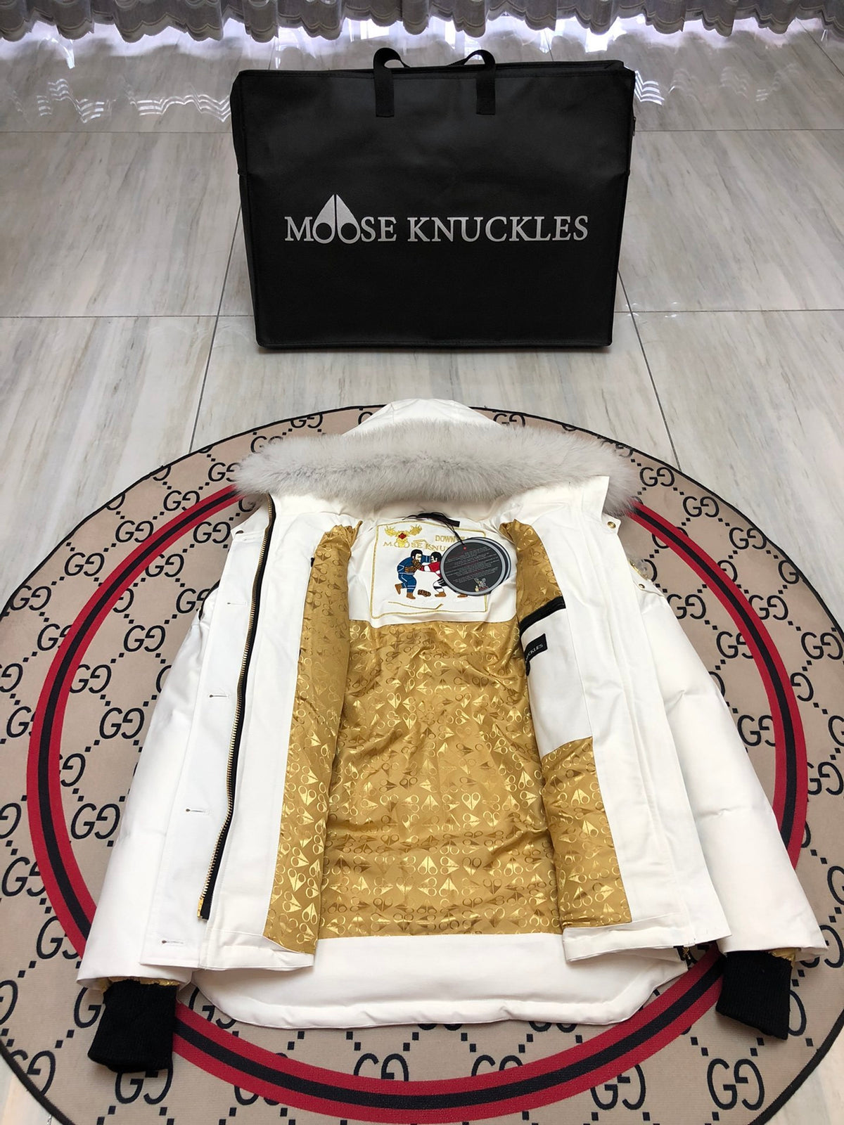 Moose Knuckles Women's White Hooded Jacket with Gold-Tone Details