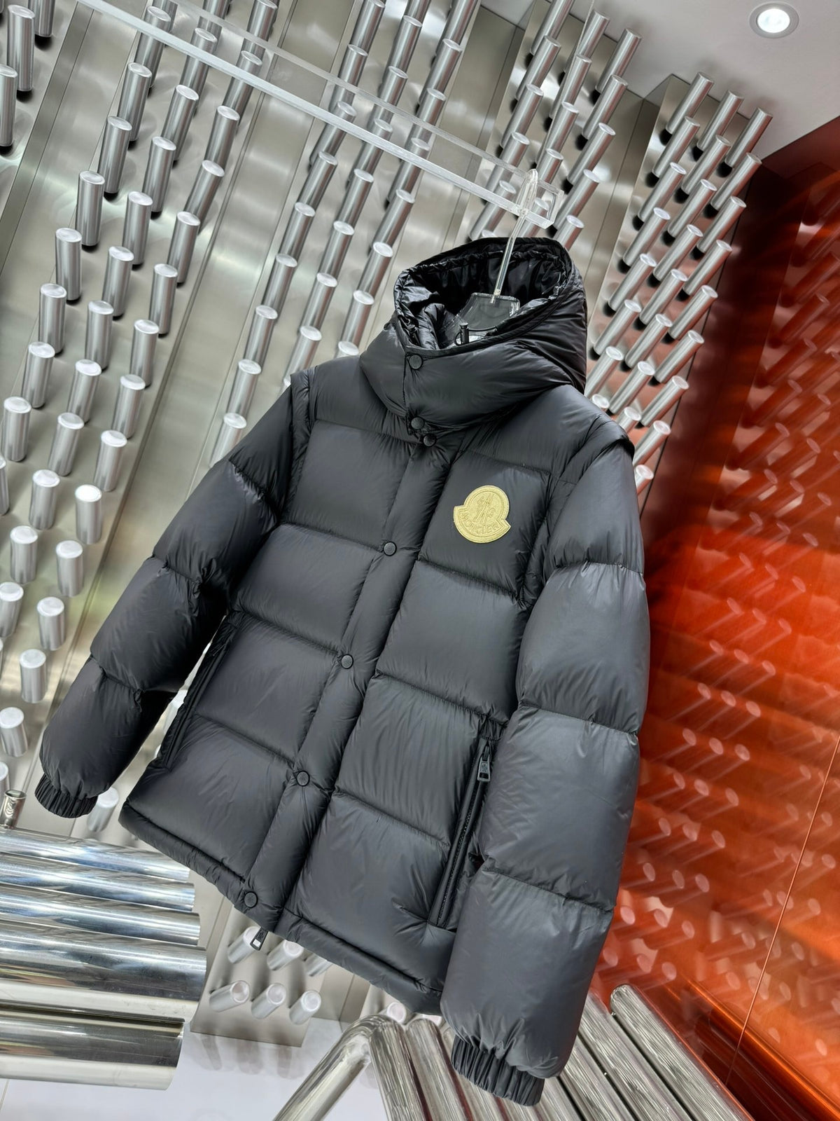 Moncler Black Hooded Puffer Jacket with Detachable Sleeves