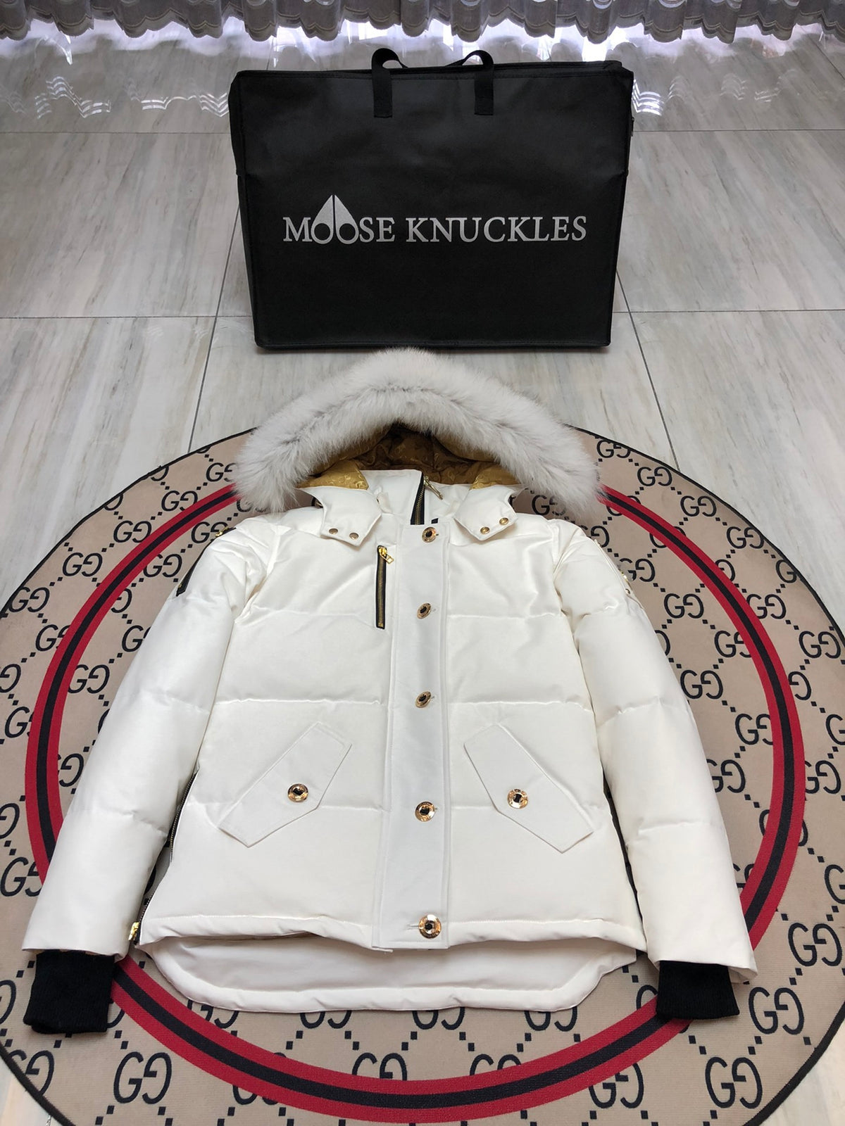 Moose Knuckles Women's White Hooded Jacket with Gold-Tone Details