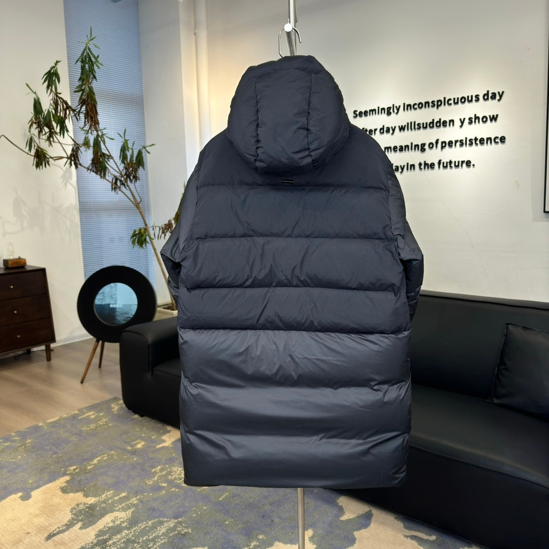 Moncler Long Hooded Puffer Coat with Oversized Logo Patch