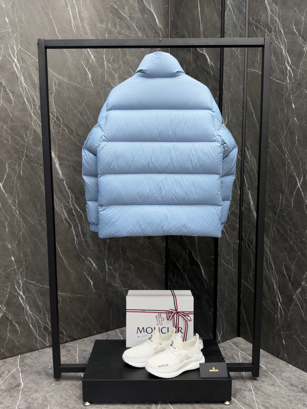 Moncler Light Blue Stand-Collar Puffer Jacket with Large Logo