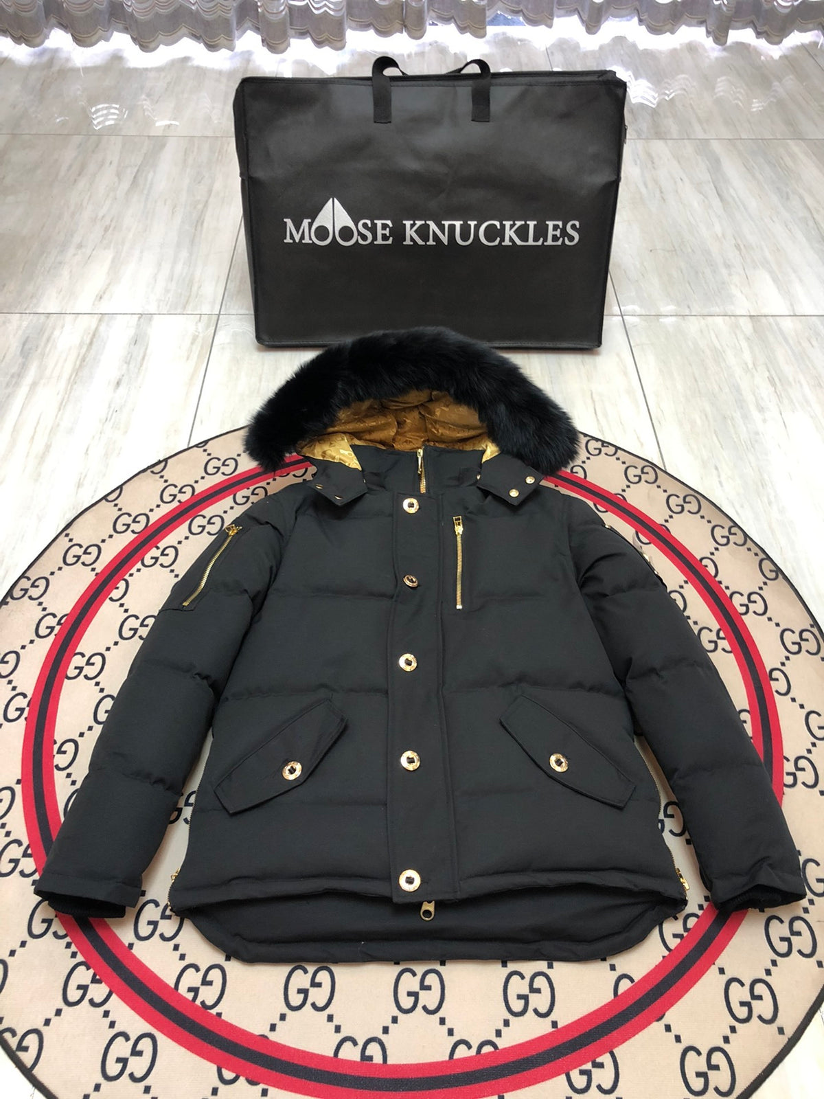 Moose Knuckles Men's Black Hooded Jacket with Gold-Tone Details