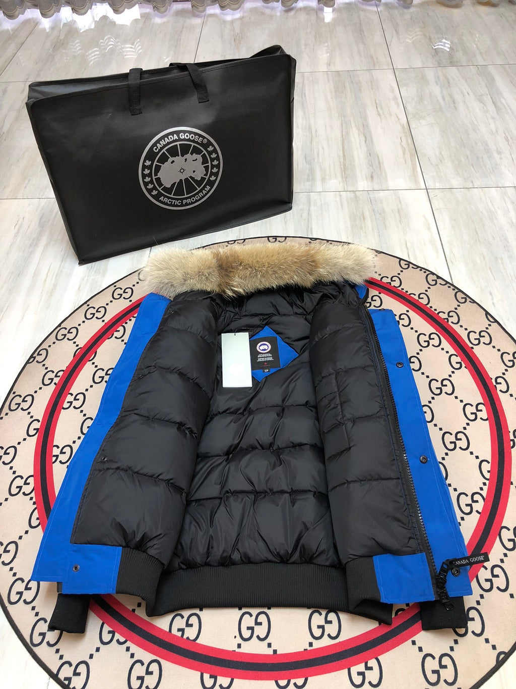 Canada Goose Chilliwack Blue Hooded Bomber Jacket with Fur-Style Trim