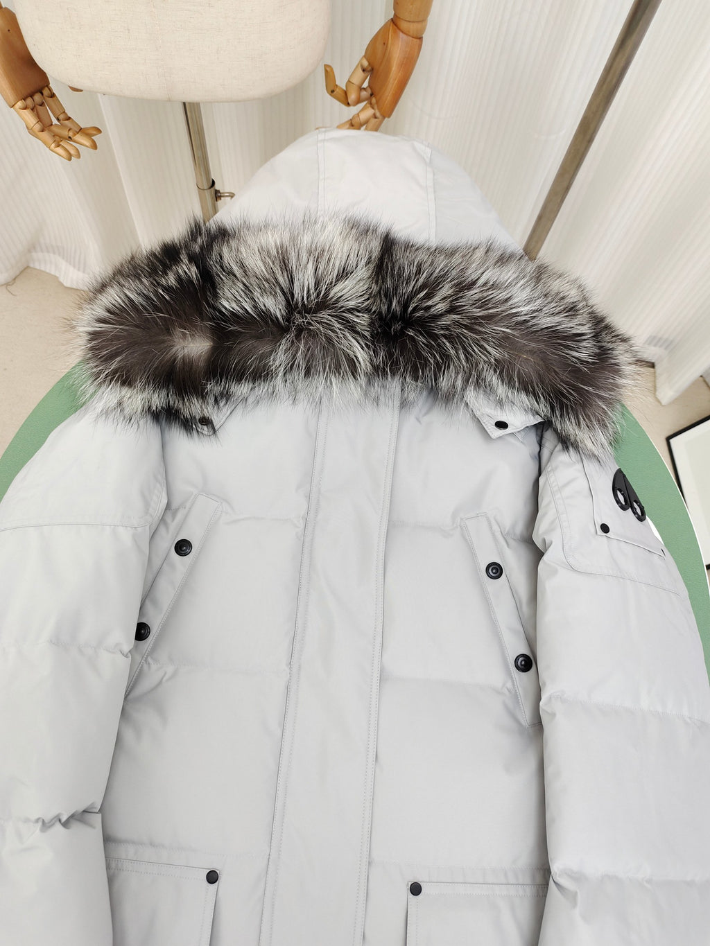 Moose Knuckles Women's Light Gray Long Parka with Fur-Style Hood Trim