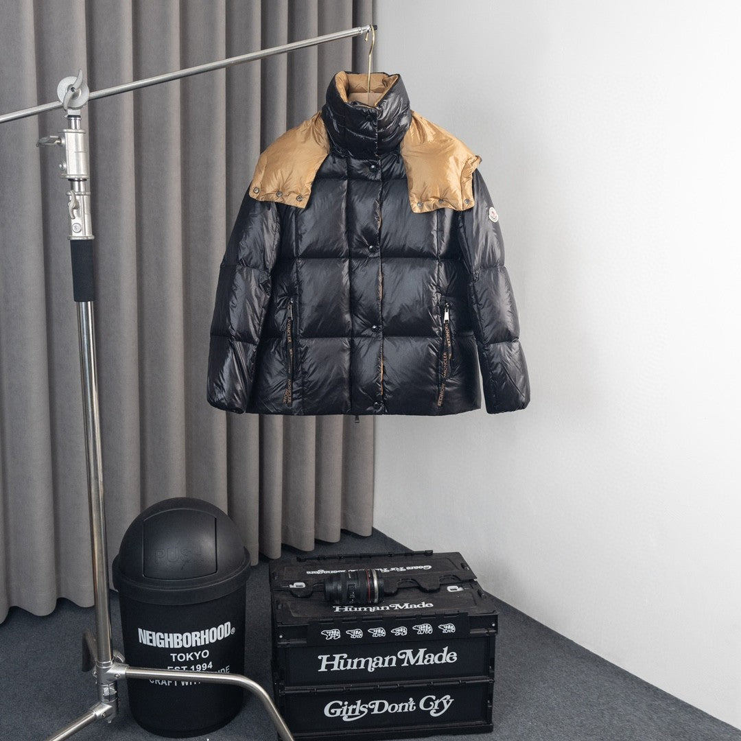 Moncler Parana Black Puffer Jacket with Gold-Tone Hood Lining