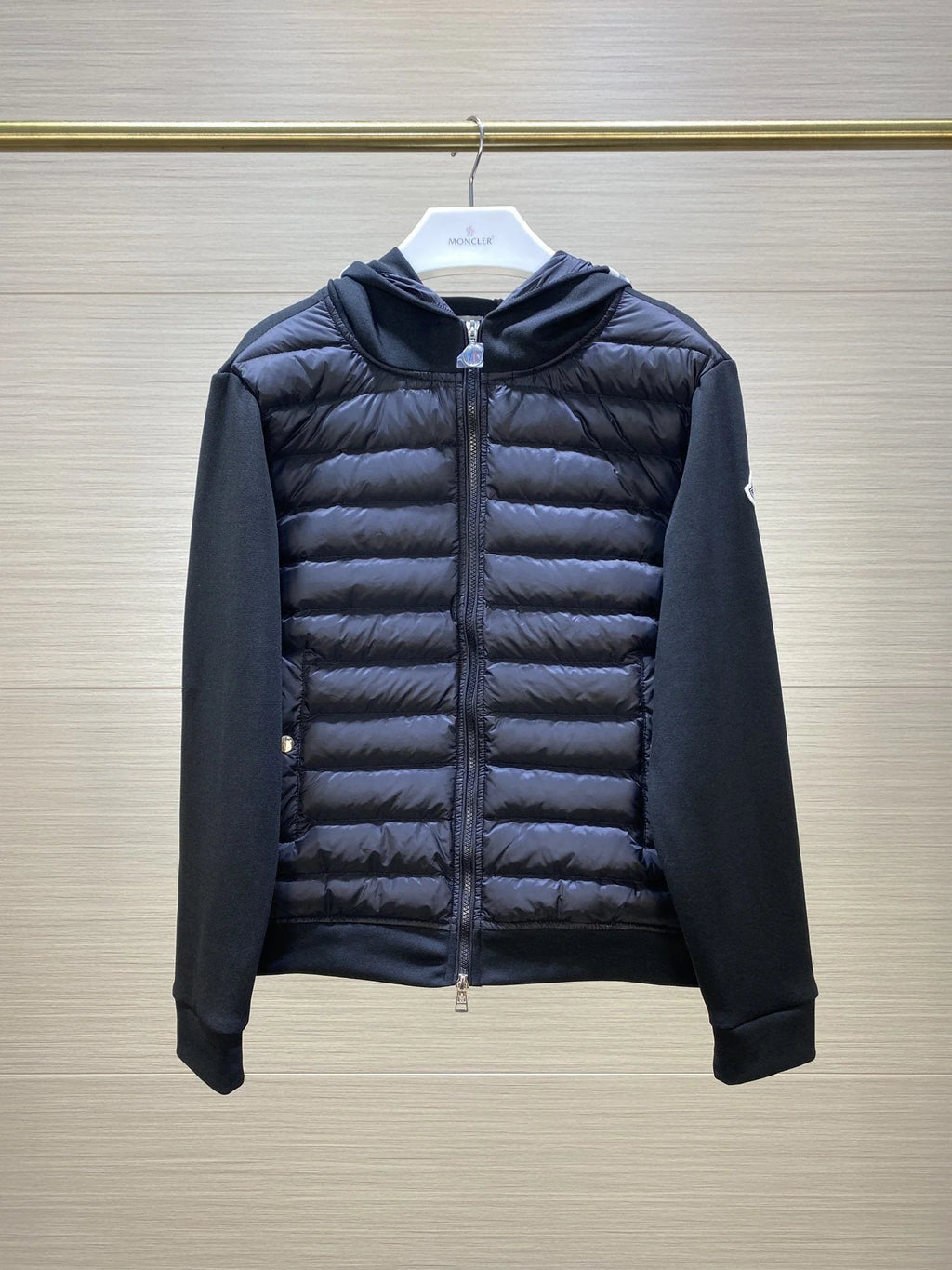 Moncler Black Quilted-Front Hooded Jacket with Sweater Sleeves