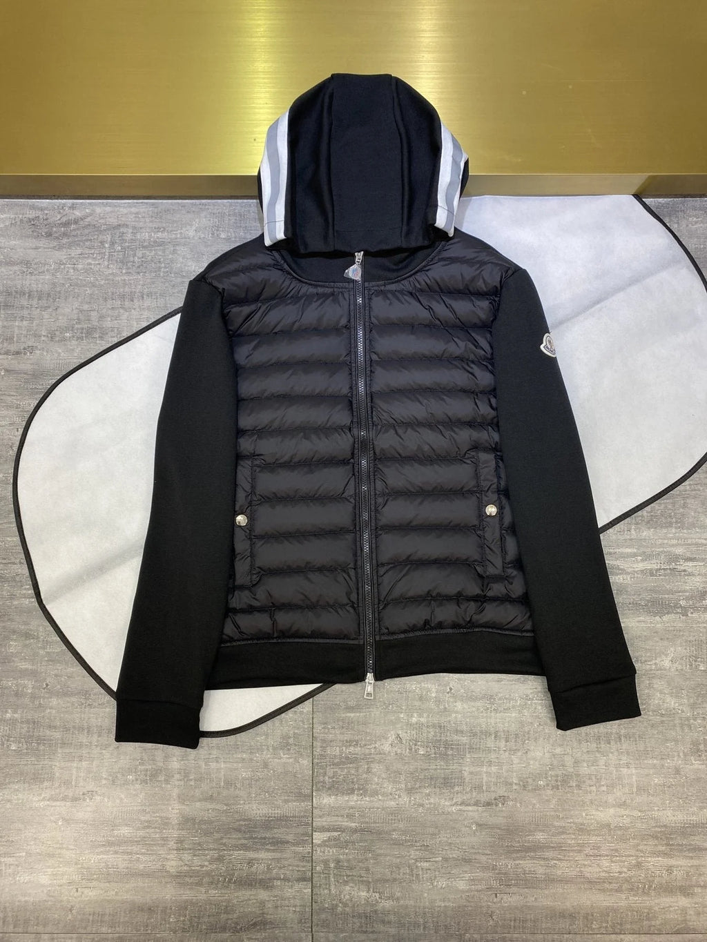 Moncler Black Quilted-Front Hooded Jacket with Sweater Sleeves