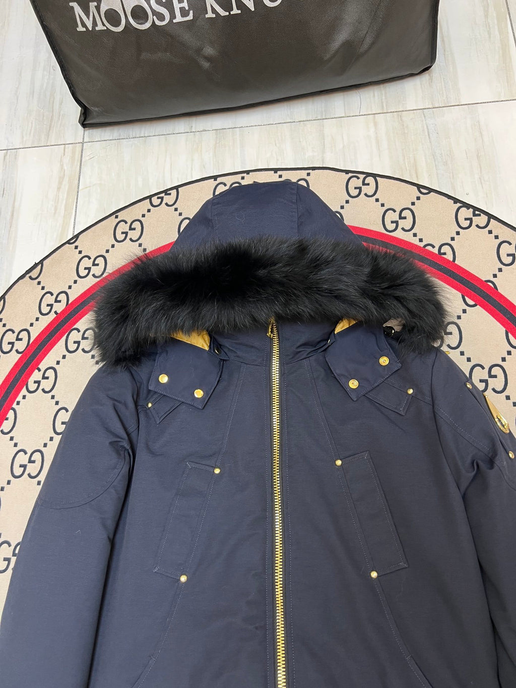 Moose Knuckles Men's Hooded Bomber Jacket in Navy