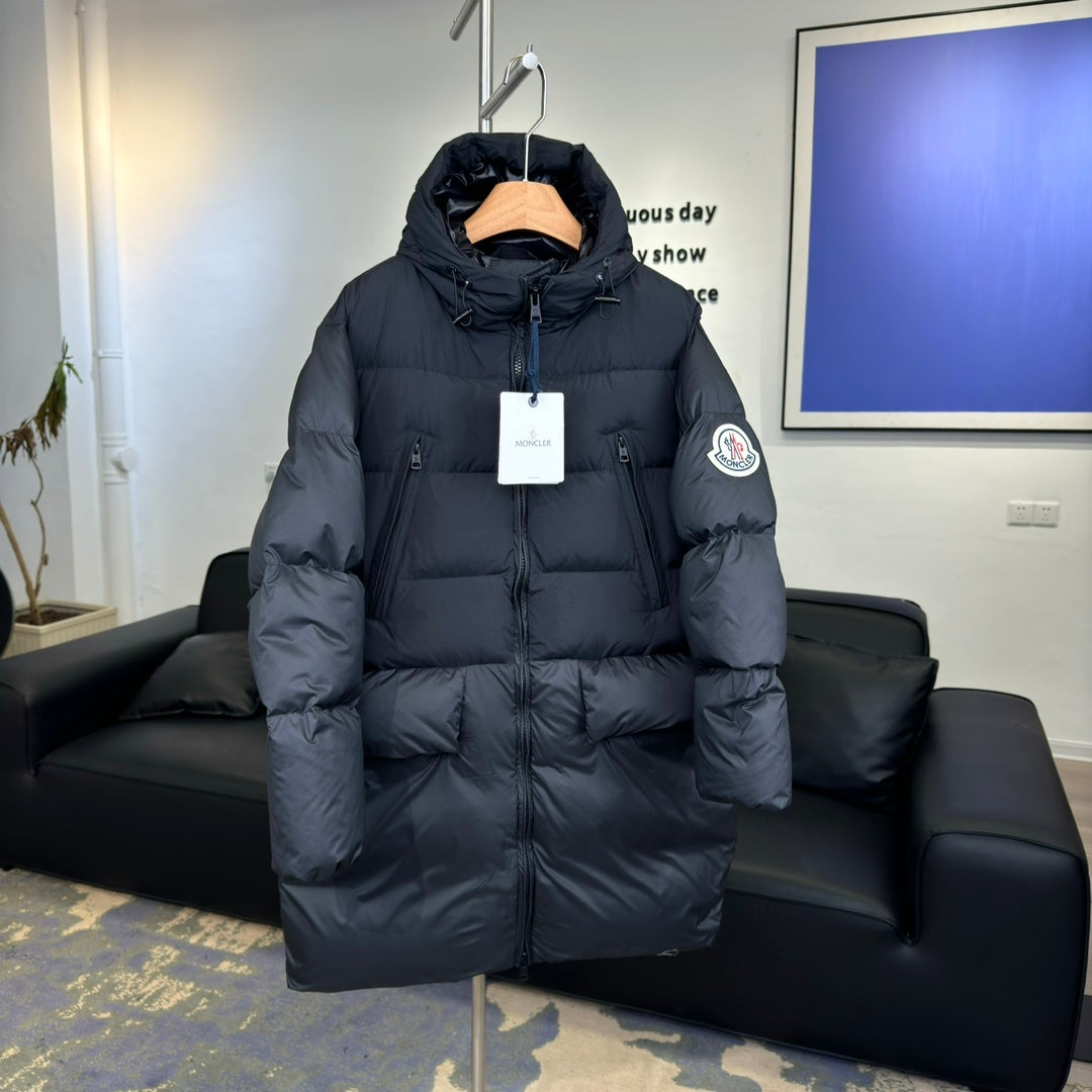 Moncler Long Hooded Puffer Coat with Oversized Logo Patch