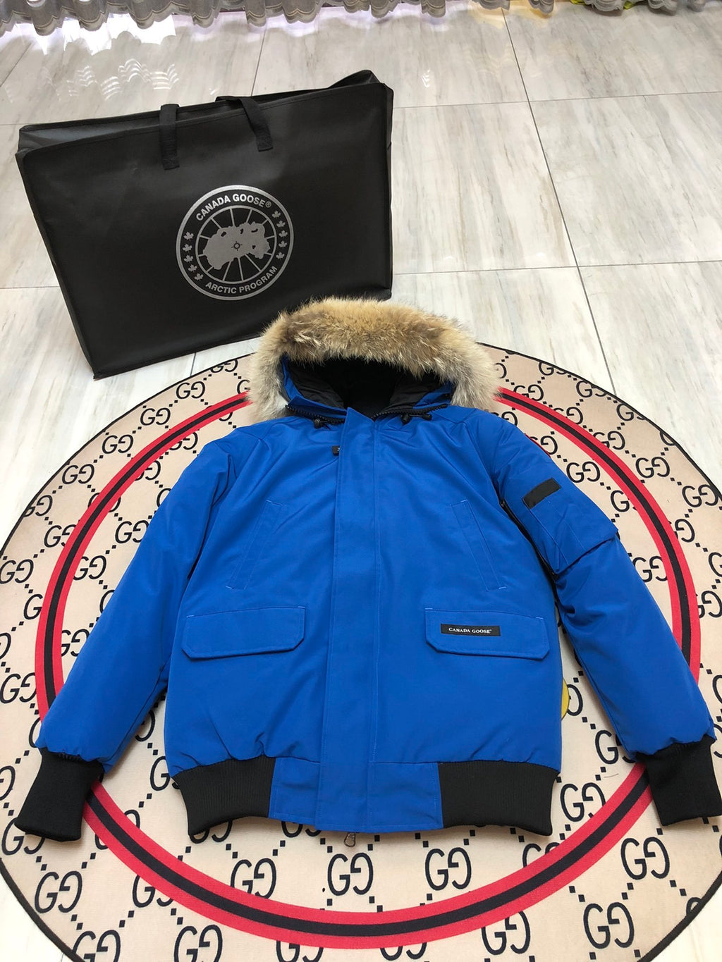 Canada Goose Chilliwack Blue Hooded Bomber Jacket with Fur-Style Trim