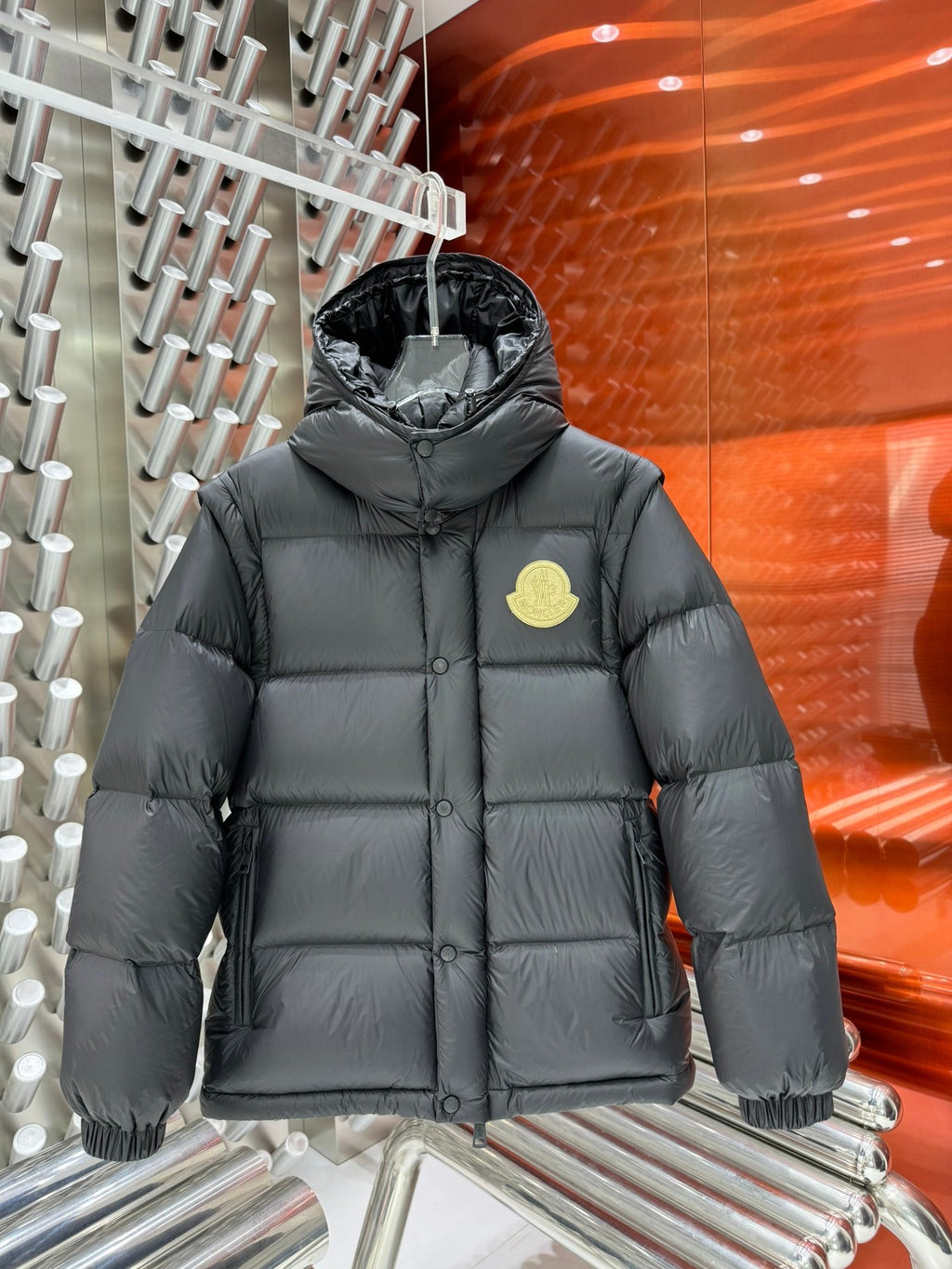 Moncler Black Hooded Puffer Jacket with Detachable Sleeves